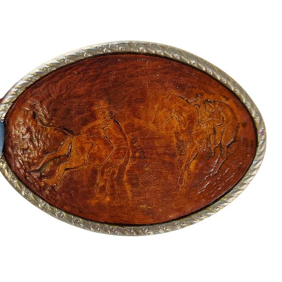 Vintage Embossed Leather Belt SilverTone Rodeo Roper Buckle 1970s Western Cowboy - Picture 2 of 8